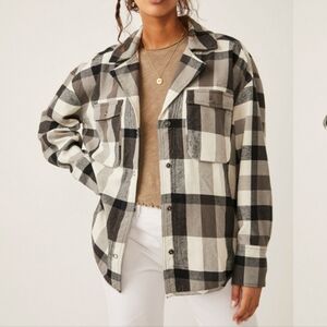 Free People Izzy Cargo Oversized Plaid Snap Shirt Med Bohocore Cozy Hipster